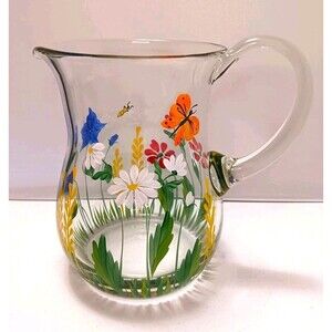 Vintage Royal Danube Hand Painted Glass Pitcher Flowers Floral Crystal Romania